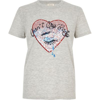Grey sequin heart T-shirt